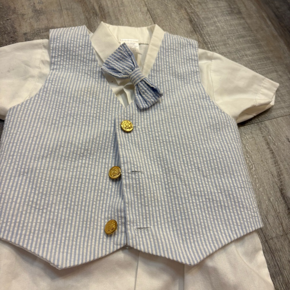 Lito Blue White Bowtie Seersucker Short Suit Set 18-24m